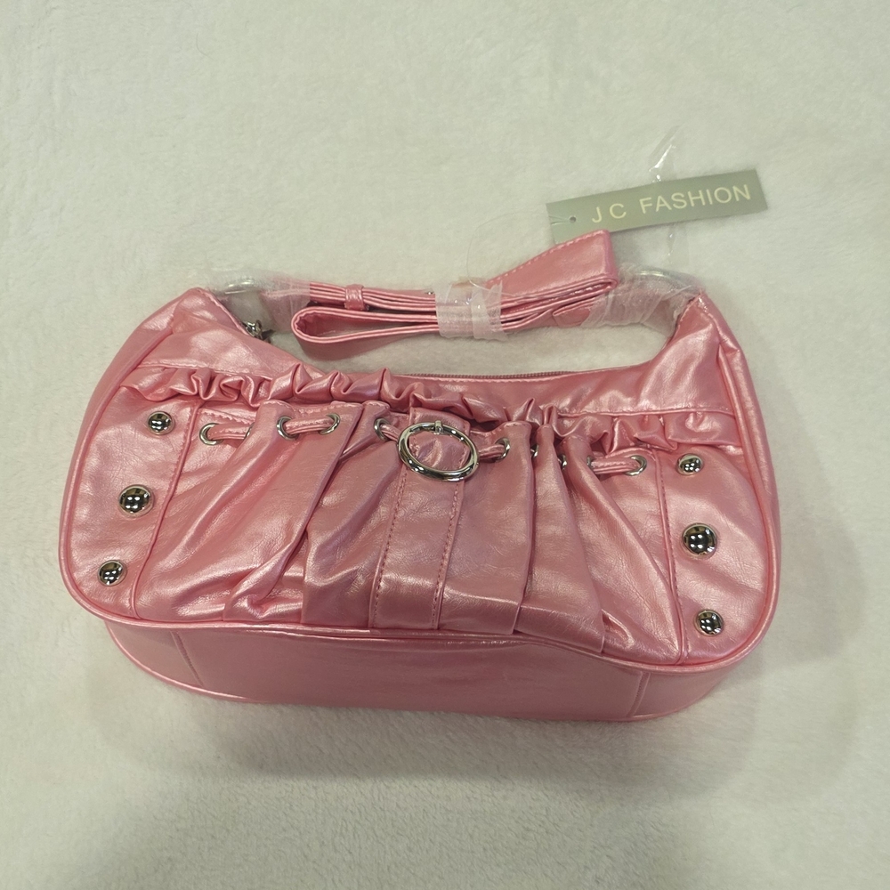 Metallic Light Pink Ruffle Shoulder Bag Purse
